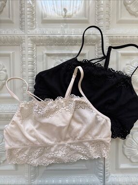 Aeropostale Lace-Trim Ribbed Bandeau Set - Black & Cream